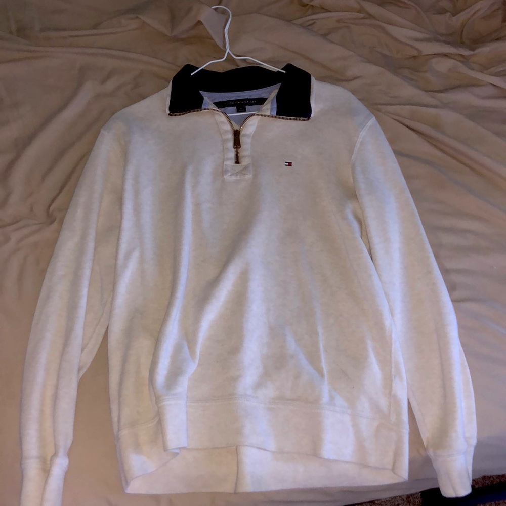 Tommy Hilfiger Cream colliers quarter-zip with navy blue collar size M men’s